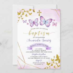 Invitation Papillon géométrique violet et or Baptême Invita