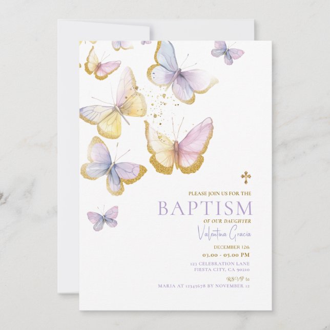 Invitation Papillon Gold Girl Baptism Gold Cross Flowers (Devant)