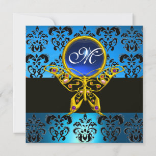 Invitation PAPILLON HYPER MONOGRAMME, damassé bleu, saphir
