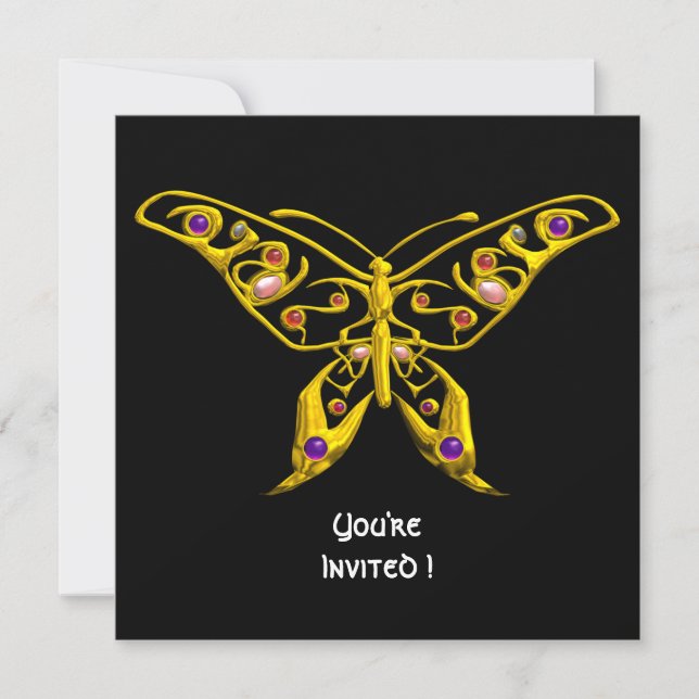 Invitation PAPILLON HYPER OR, PIERRES PRÉCIEUSES Mariage Noir (Devant)