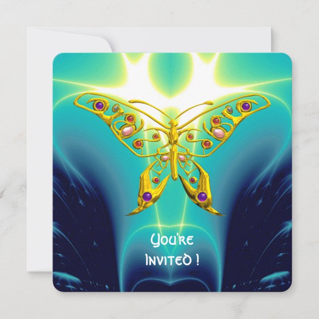 Invitation PAPILLON HYPER OR, Vagues Fractales Bleu Turquoise (Devant)