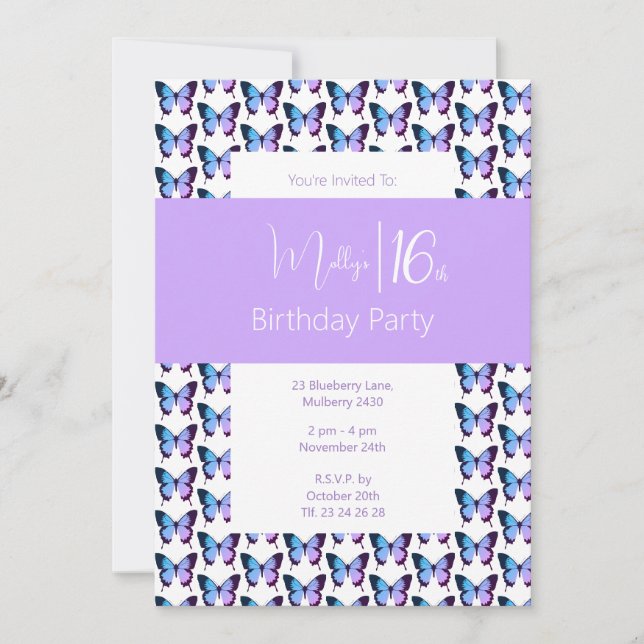 Invitation Papillon illusima Motif Sweet 16 Anniversaire (Devant)