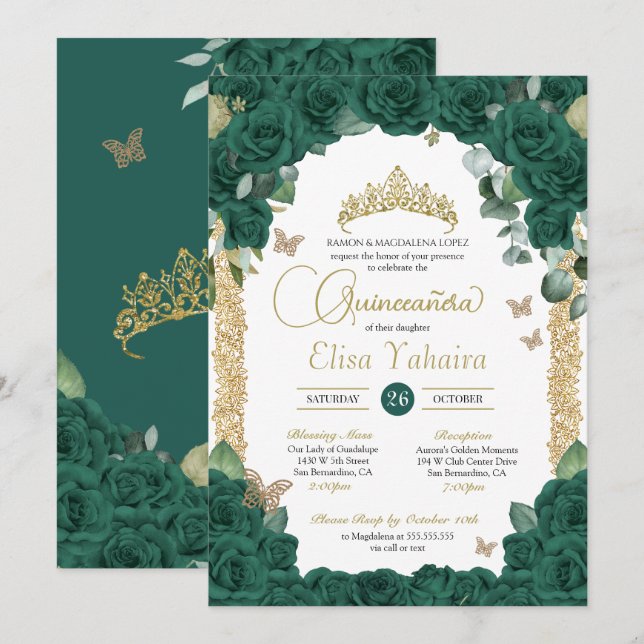 Invitation Papillon Jade Green Rose et Gold Quinceanera (Devant / Derrière)