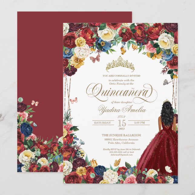 Invitation Papillon Jardin Bourgogne Fleurs Quinceanera Gown (Devant / Derrière)