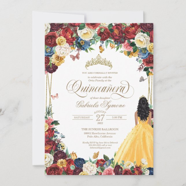 Invitation Papillon Jardin Bourgogne jaune Quinceanera blanc (Devant)
