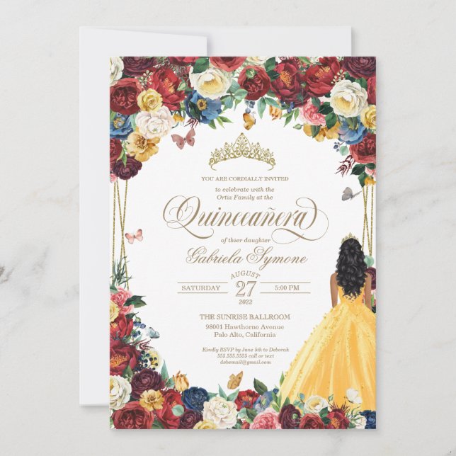 Invitation Papillon Jardin Gown Jaune Quinceanera Florale (Devant)