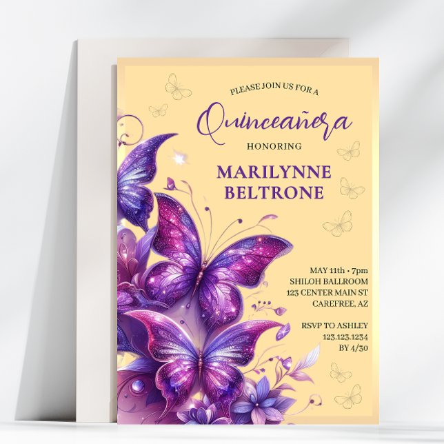 Invitation Papillon jaune pourpre en or Quinceañera (Créateur téléchargé)