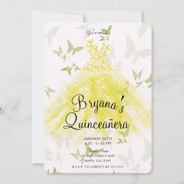 Invitation Papillon jaune vert robe de danse Quinceañera (Devant)