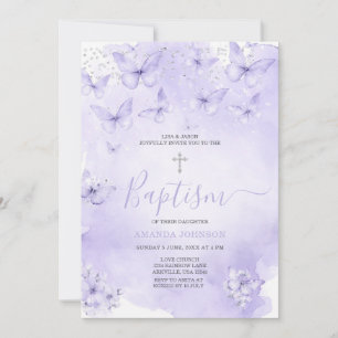 Invitation Papillon Lavande Argent Baptême Violet