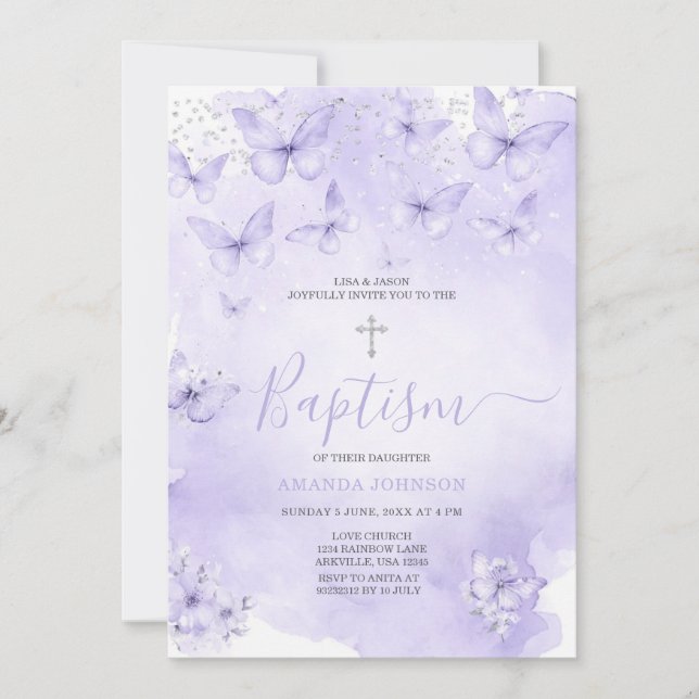 Invitation Papillon Lavande Argent Baptême Violet (Devant)