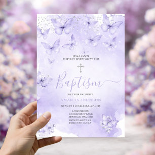 Invitation Papillon Lavande Argent Baptême Violet