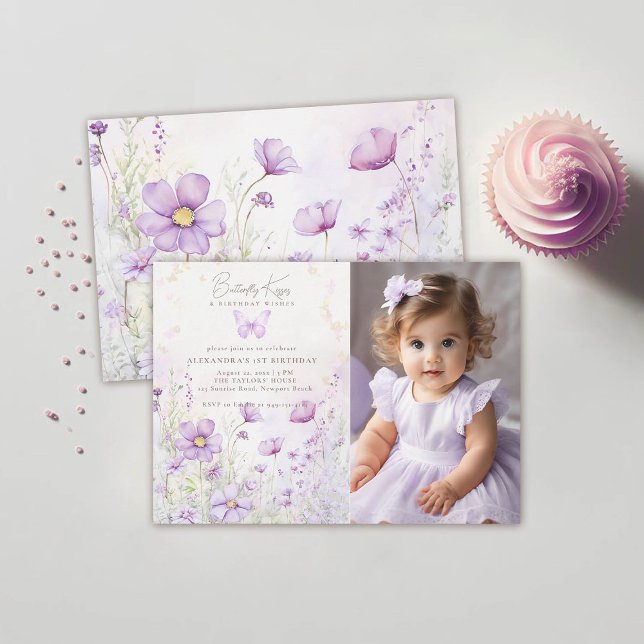 Invitation Papillon Lavande Fleur sauvage photo 1er anniversa (butterfly kisses purple lavender wild flowers garden 1st birthday girl photo invitation template)