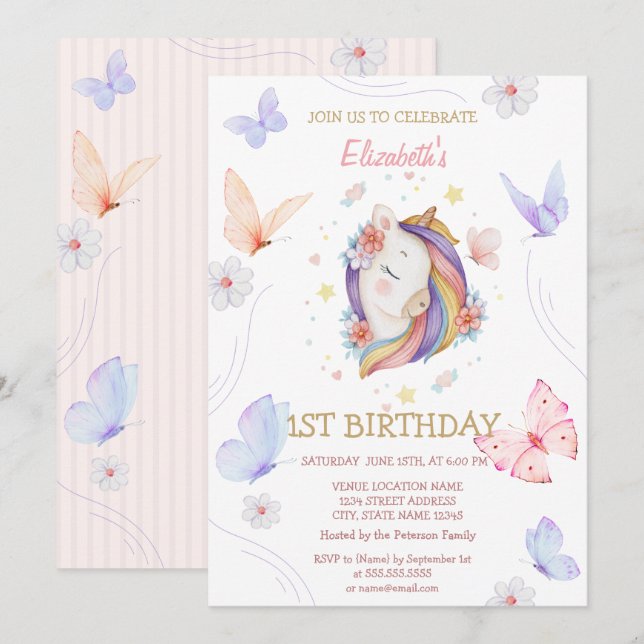Invitation  Papillon Licorne Fleurie Anniversaire Rayé  (Devant / Derrière)