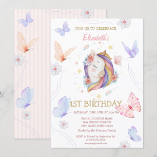 Invitation Papillon Licorne Fleurie Anniversaire Rayé