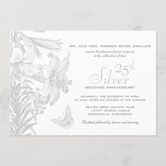 Invitation Papillon Lilies Argent 25e anniversaire Mariage
