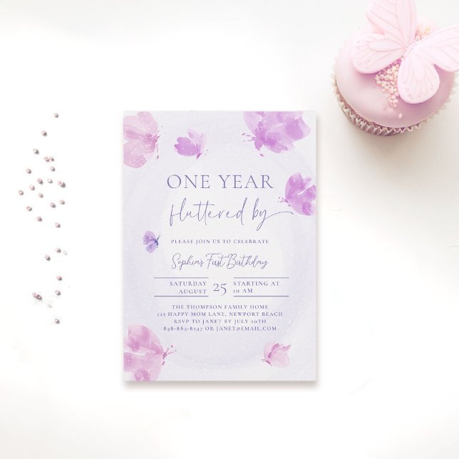 Invitation Papillon lutté par violet Budget 1er anniversaire (butterfly themed 1st birthday invitation girls pink purple watercolor one year fluttered by budget)