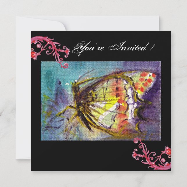 INVITATION PAPILLON MAGIQUE AVEC TOURBILLONS FLORAUX ROUGES , (Devant)