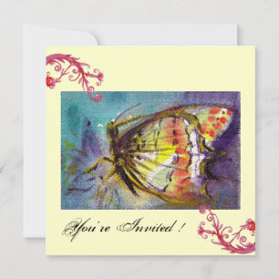 INVITATION PAPILLON MAGIQUE AVEC TOURBILLONS FLORAUX ROUGES ,