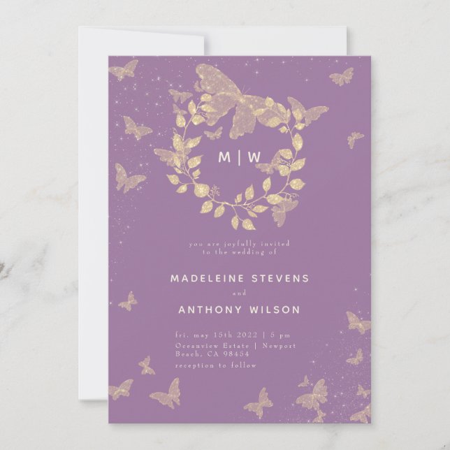 Invitation Papillon Mariage Lavender Or Monogrammes élégant (Devant)