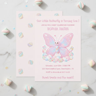 Invitation Papillon Marshmallow Rose 1er Anniversaire