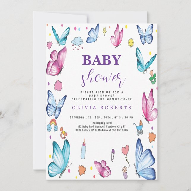 Invitation papillon mauve Petit Baby shower cool (Devant)