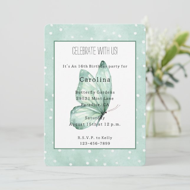 Invitation Papillon Menthe Points Blancs Anniversaire (Debout devant)