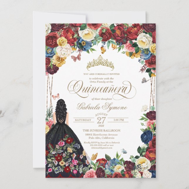 Invitation Papillon mexicain broderie Quinceanera Floral (Devant)
