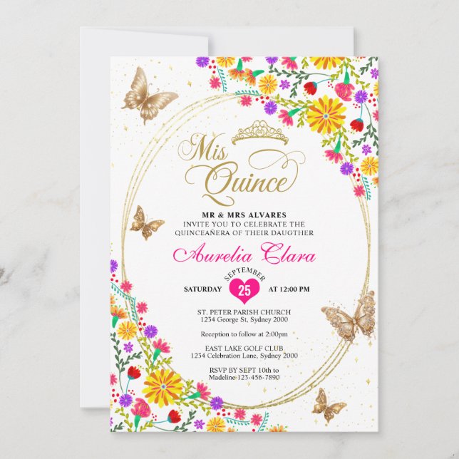 Invitation Papillon mexicain Floral Tiara Quinceañera (Devant)