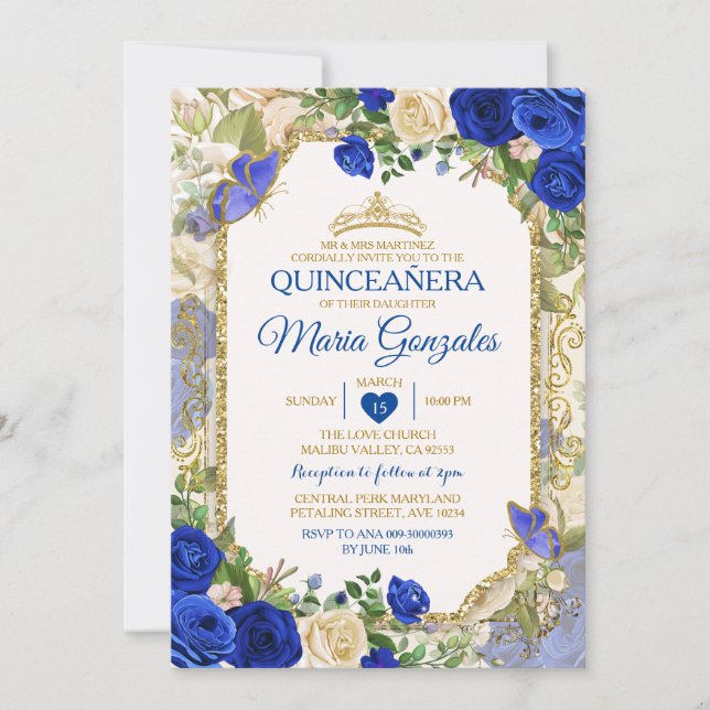 Invitation Papillon mexicain Quinceañera bleu et or Couronne (Devant)