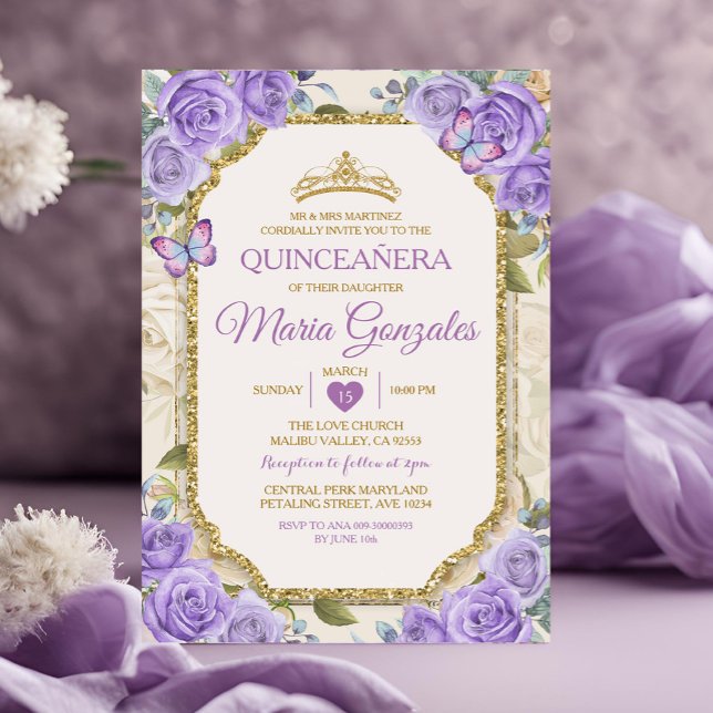 Invitation Papillon mexicain Quinceañera Purple & Gold Crown (Créateur téléchargé)