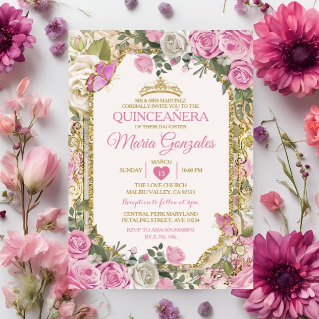Invitation Papillon mexicain Quinceañera rose et or Couronne (Créateur téléchargé)