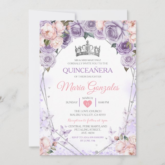 Invitation Papillon mexicain rose Lilac Quinceañera Couronne (Devant)