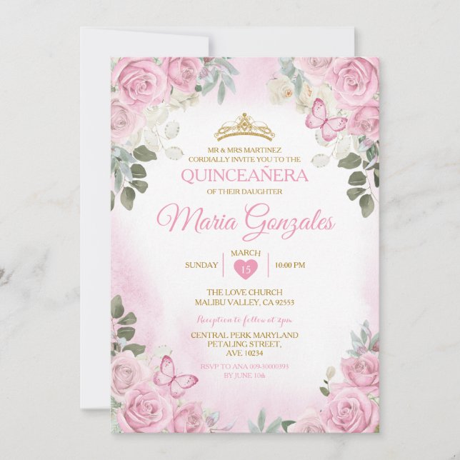 Invitation Papillon mexicain rose Quinceañera Gold Crown (Devant)