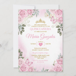 Invitation Papillon mexicain rose Quinceañera Gold Crown