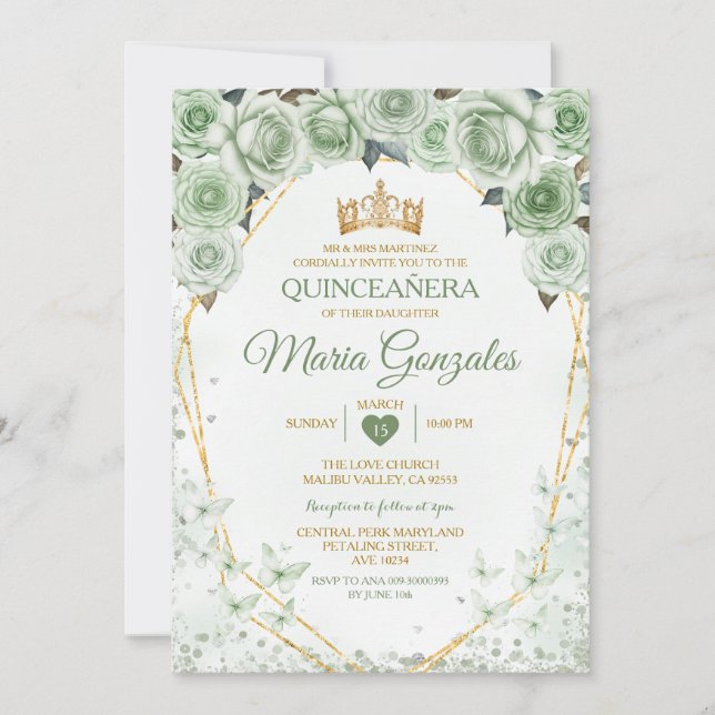 Invitation Papillon mexicain vert Quinceañera Sage (Devant)