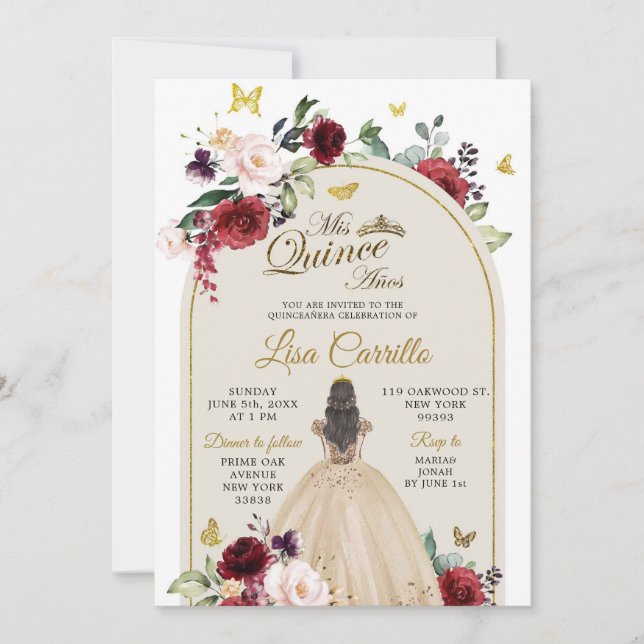 Invitation Papillon Mis Quince Beige et Marsala blanc (Devant)