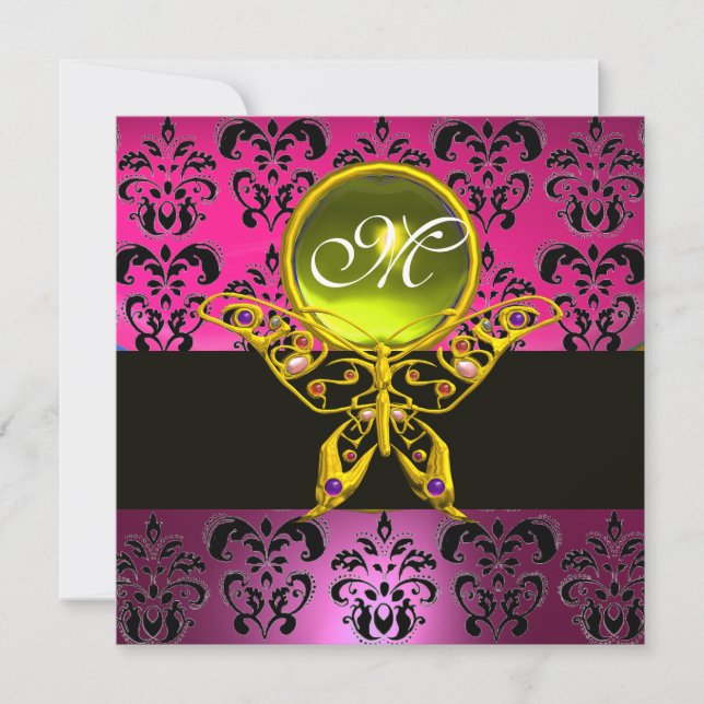 Invitation PAPILLON MONOGRAMME HYPER, rose damas violet jaune (Devant)
