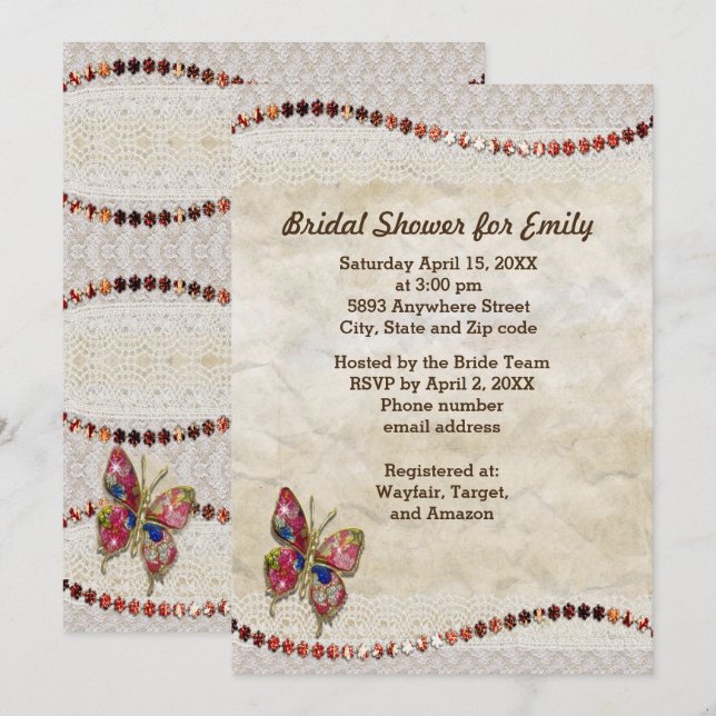Invitation Papillon mousseux, dentelle et Fête des mariées de (Devant / Derrière)