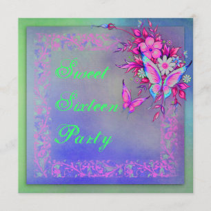 Invitation Papillon néon grunge vert rose Sweet 16 Anniversai