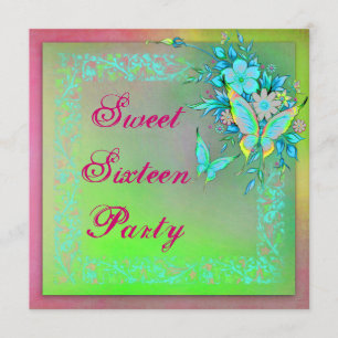 Invitation Papillon néon grunge vert rose Sweet 16 Anniversai
