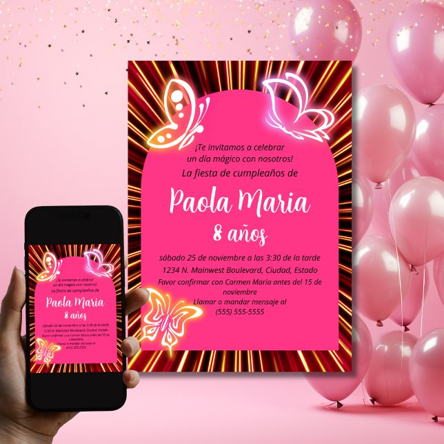 Invitation Papillon Néon Noir Fille Anniversaire Espagnol (Créateur téléchargé)