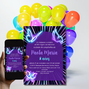 Invitation Papillon Néon Noir Violet Fille Anniversaire Espag