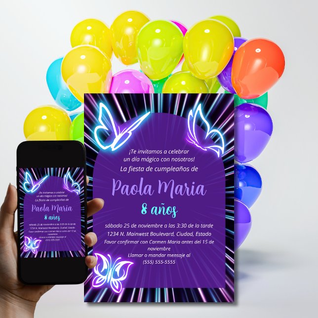 Invitation Papillon Néon Noir Violet Fille Anniversaire Espag (Créateur téléchargé)