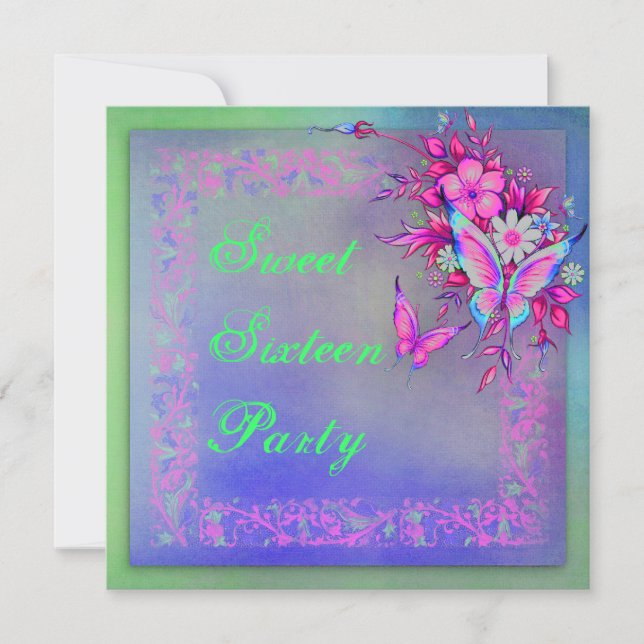 Invitation Papillon néon vert rose Grunge Sweet 16 Anniversai (Devant)