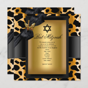 Invitation Papillon noir bat mitzvah Leopard Gold