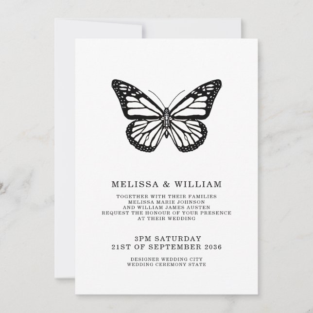 Invitation Papillon noir et blanc Mariage moderne (Devant)