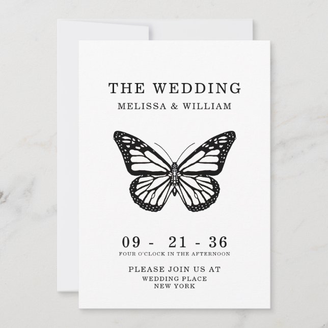 Invitation Papillon noir et blanc Mariage simple moderne (Devant)