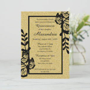Invitation Papillon noir et or Quinceanera