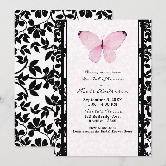 Invitation Papillon noir et rose Floral douche de mariage (Devant / Derrière)