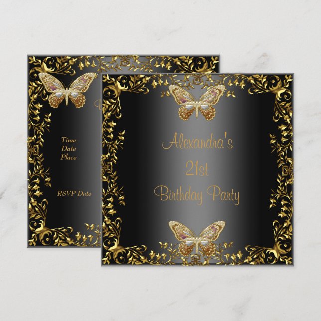 Invitation Papillon noir or élégant pour 21e anniversaire (Devant / Derrière)